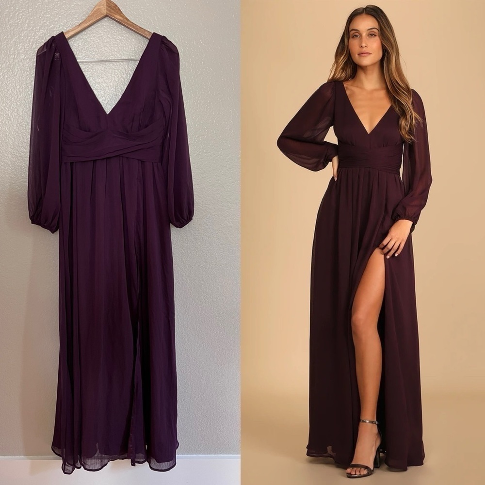 NWOT Dark Purple V-Neck Long Sleeve Chiffon Maxi Dress